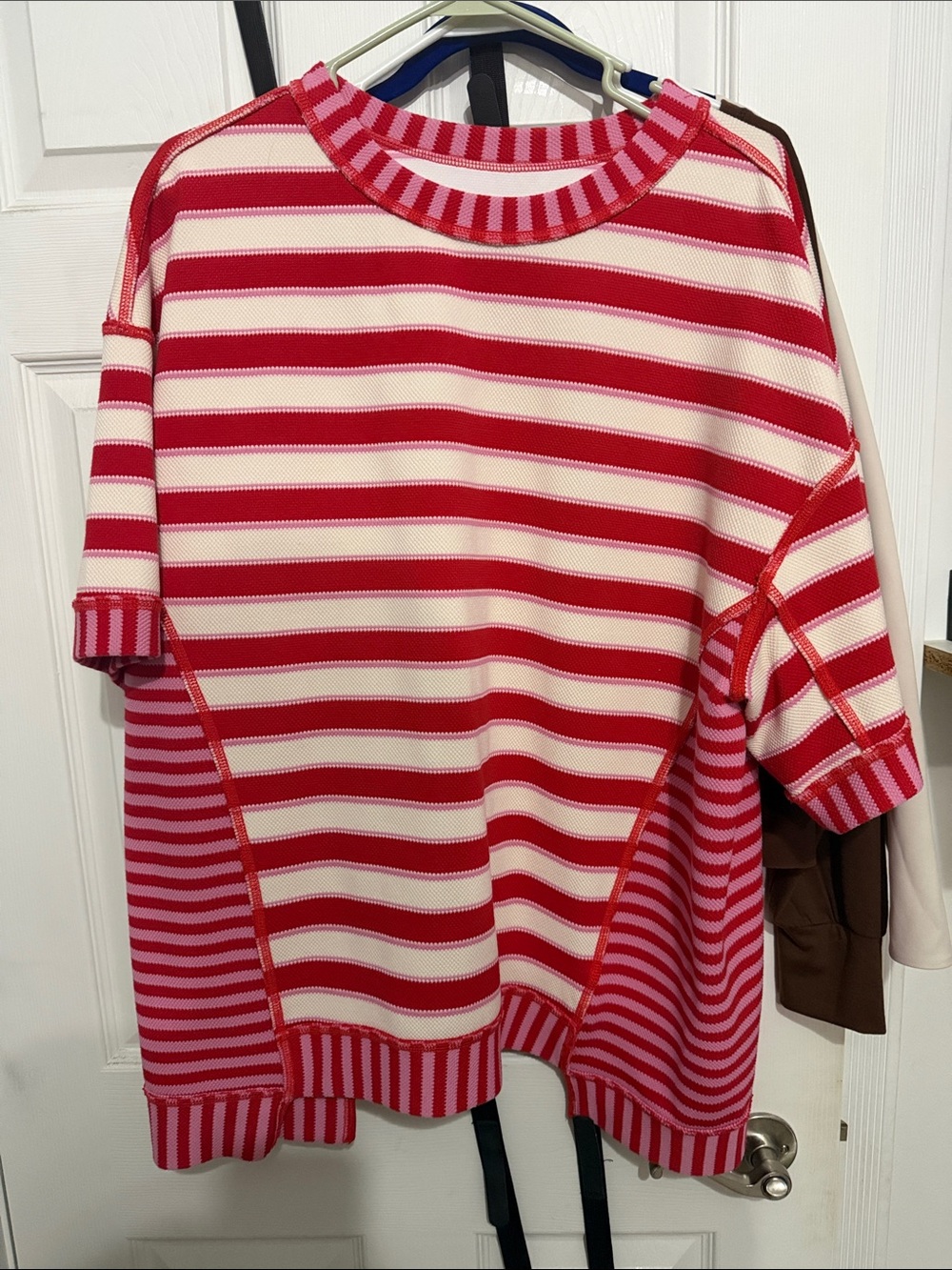 Striped Red and Cream Short-Sleeve Sweater - Women's